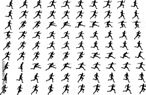 Massive Set of Black Male Running Silhouettes in Sprinting Action Poses for Marathon, Fitness, Training, and Athletic Race Vector