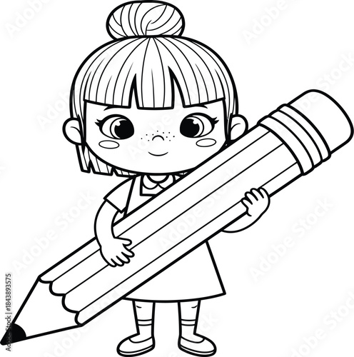  little girl with buns in hair holding big pencil for back to school and education concepts on clear background
