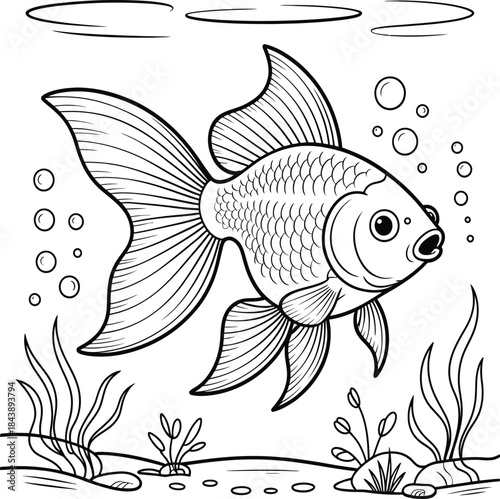 Goldfish swimming in water with bubbles and seaweed on transparent background, aquatic pet outline drawing, underwater life illustration