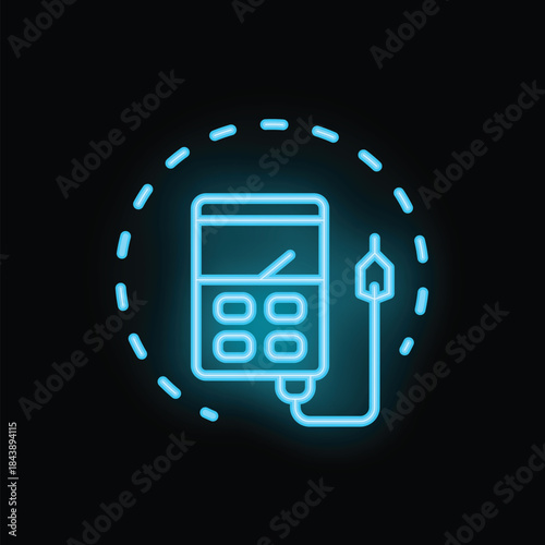 Glowing neon line icon of a glucometer with a blood drop, representing diabetes management and blood sugar testing