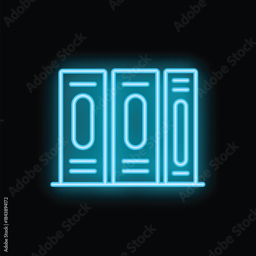 Blue neon office binders icon glowing against a black background