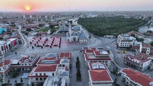 Aerial view of the Mevlana Museum and Sultan Selim Mosque in Konya city center. 