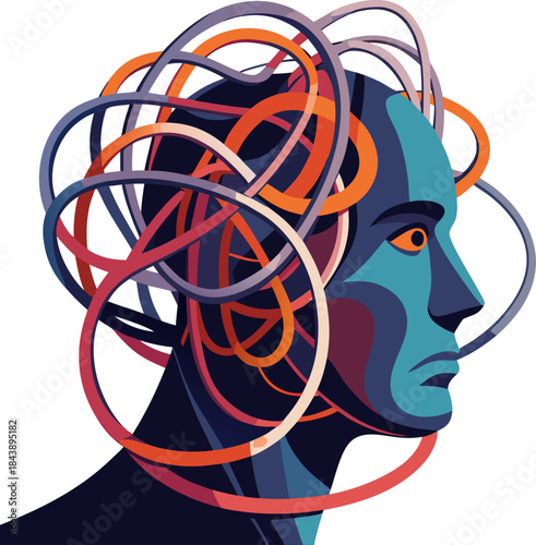 Abstract vector of a human head being squeezed by external tangled wires or dark spirals, showing mental pressure, subdued colors, white background.