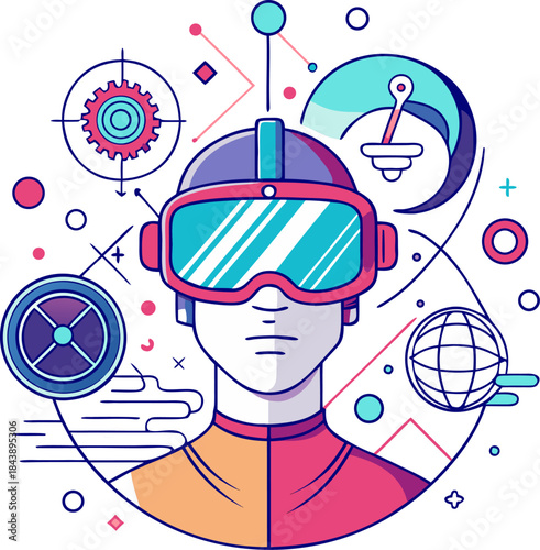 Line art vector of a human head wearing VR goggles, with abstract world elements projected from the eyes, future technology, white background.