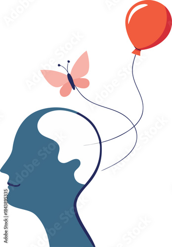 Minimalist vector of a human head profile with a simple, soaring balloon or butterfly escaping from the top, pure joy, white background.