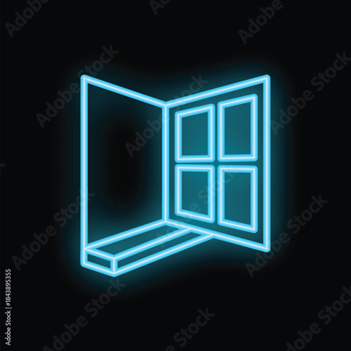 Glowing neon blue icon of an open window frame with a window sill on a black background