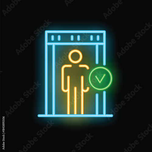 Neon style icon of a person successfully passing through a security gate