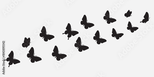 A flock of butterflies in silhouette formation flying