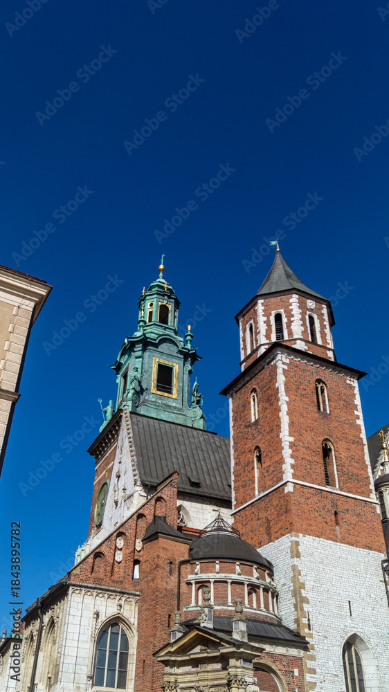 Fototapeta premium Decorations of Wawel Cathedral. The tops of the architectural buildings of Wawel Cathedral and the bell tower