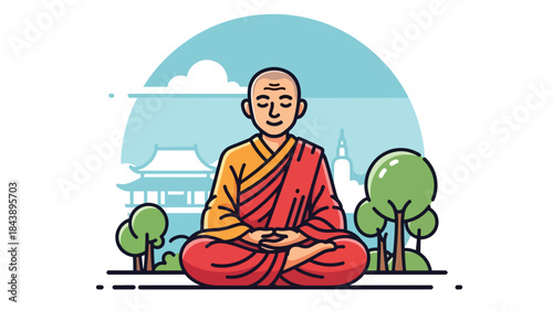 Modern flat vector illustration of a Buddhist monk meditating in lotus position, calm spiritual atmosphere, ideal for mindfulness, wellness, and spiritual education visuals