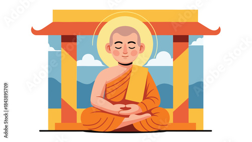 Modern flat vector illustration of a Buddhist monk meditating in lotus position, calm spiritual atmosphere, ideal for mindfulness, wellness, and spiritual education visuals