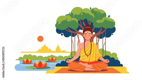 Flat vector illustration of a Hindu meditation practice with peaceful posture, spiritual balance theme, ideal for yoga, wellness, and religious lifestyle content
