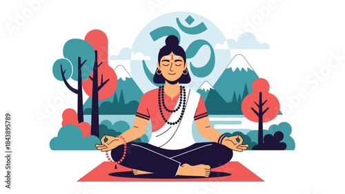 Flat vector illustration of a Hindu meditation practice with peaceful posture, spiritual balance theme, ideal for yoga, wellness, and religious lifestyle content
