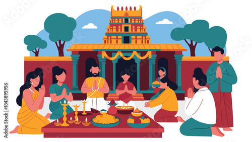 Flat vector illustration of people worshiping at a Hindu temple with offerings and prayer gestures, ideal for religious culture, faith education, and spiritual visuals