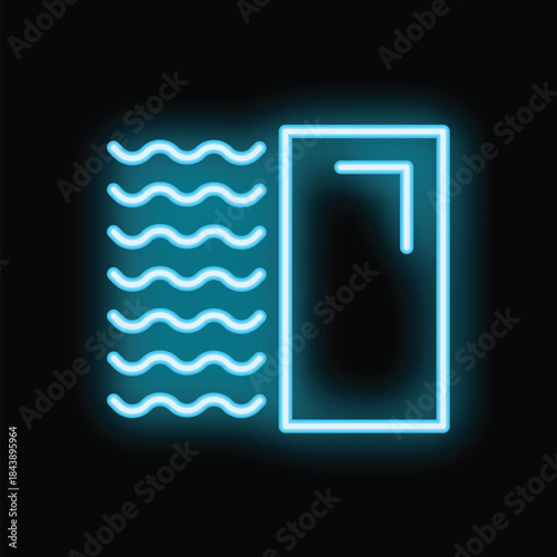 Blue neon icon of air flowing out of a conditioner vent on a black background
