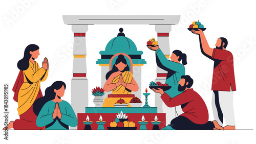 Flat vector illustration of people worshiping at a Hindu temple with offerings and prayer gestures, ideal for religious culture, faith education, and spiritual visuals