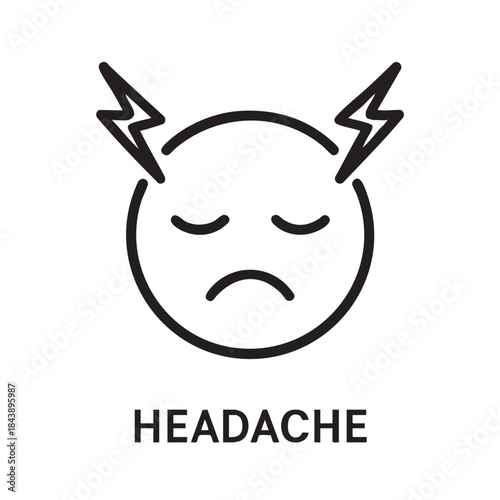 A simple black and white line drawing depicts a face experiencing a headache with lightning bolt symbols above it