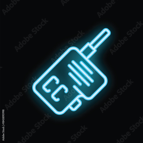 Blue glowing neon icon of a walkie talkie, representing communication, on a black background