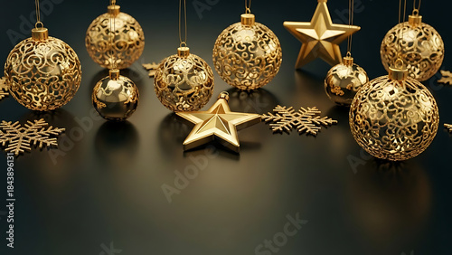 Festive Golden Christmas Ornaments Hanging Indoors on Dark Surface with Decorative Snowflakes and Stars Close-Up View