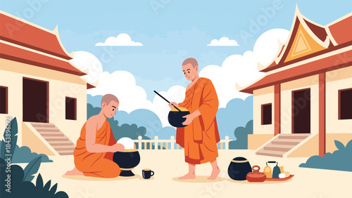 Modern flat vector illustration of Buddhist monks in daily life activities, simplicity and mindfulness theme, ideal for spiritual lifestyle and cultural education
