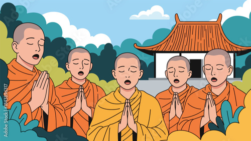 Modern flat vector illustration of Buddhist monks chanting together, rhythmic and peaceful spiritual atmosphere, ideal for religious rituals and meditation visuals