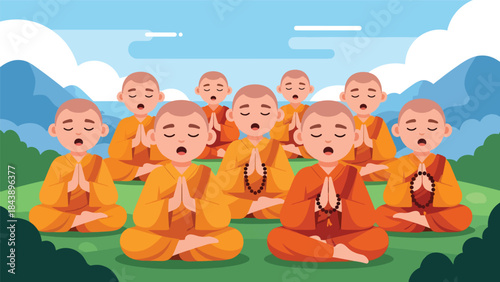 Modern flat vector illustration of Buddhist monks chanting together, rhythmic and peaceful spiritual atmosphere, ideal for religious rituals and meditation visuals