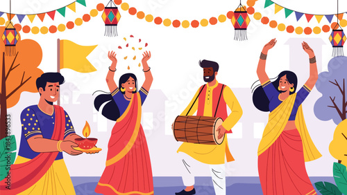 Flat vector illustration of people celebrating a Hindu festival with decorations and joy, ideal for cultural events, religious celebrations, and festive visuals