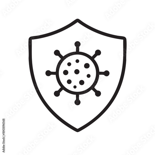 A shield design prominently features a virus or germ symbol within its central area representing protection