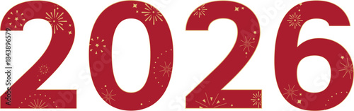 2026 New year banner. Red 2026 numbers with golden fireworks and stars on transparent background. 