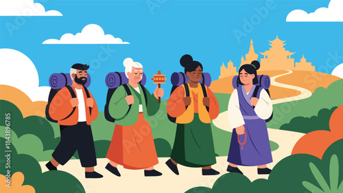 Modern flat vector illustration of people on a Buddhist pilgrimage journey, spiritual travel and devotion theme, ideal for faith, culture, and religious tourism visuals
