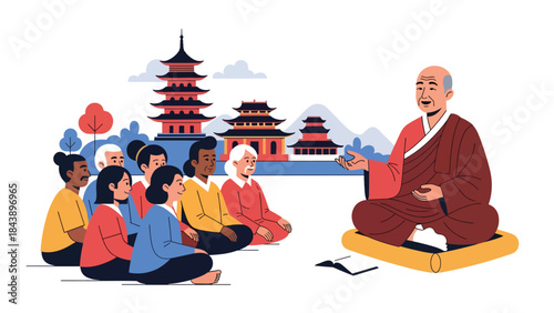 Modern flat vector illustration of a Buddhist teaching session with followers, mindfulness learning theme, ideal for spiritual education and religious study visuals