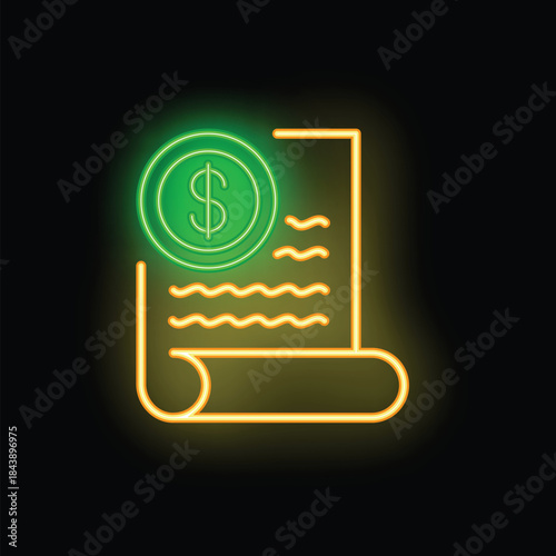 Glowing neon icon of financial document with dollar coin representing investment agreement, contract or invoice