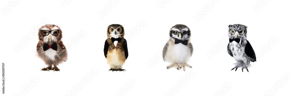 Obraz premium Owls In Formal Attire Set. Whimsical Animal Fashion Collection Isolated On Transparent Background