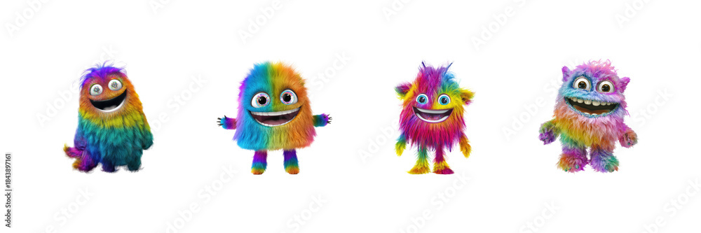 Naklejka premium Colorful Furry Monsters Set. Vibrant Cartoon Characters For Children'S Media Collection Isolated On Transparent Background