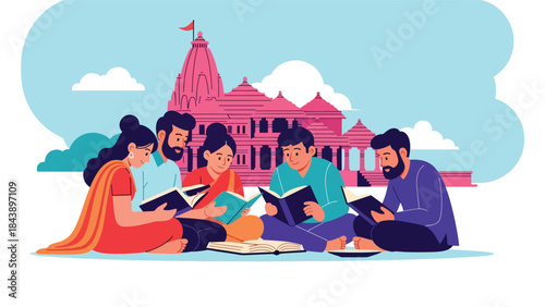 Flat vector illustration of people reading Hindu scriptures together, religious study and devotion theme, ideal for spiritual education and faith-based content