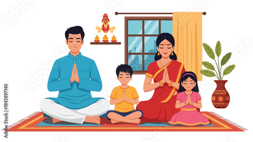 Flat vector illustration of a Hindu family praying together at home, devotion and togetherness theme, ideal for family faith and religious lifestyle content