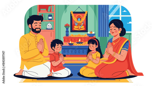 Flat vector illustration of a Hindu family praying together at home, devotion and togetherness theme, ideal for family faith and religious lifestyle content