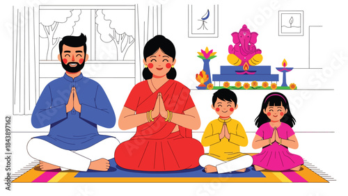 Flat vector illustration of a Hindu family praying together at home, devotion and togetherness theme, ideal for family faith and religious lifestyle content