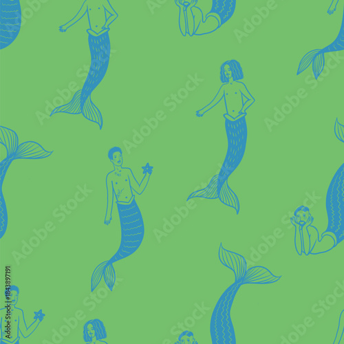 Mermaid man ocean fantasy pattern with sea creatures vector seamless nautical illustration design