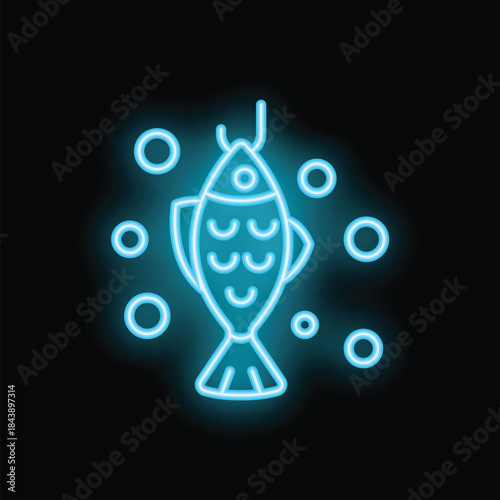 Neon sign representing a fish caught on a hook, perfect for illustrating concepts of fishing or seafood restaurants