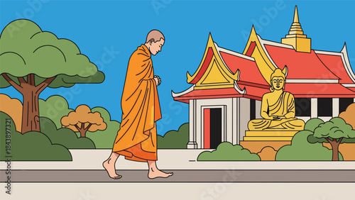 Modern flat vector illustration of a Buddhist monk practicing walking meditation, mindfulness in motion theme, ideal for spiritual wellness and meditation visuals