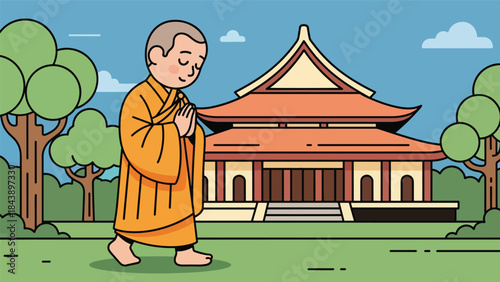 Modern flat vector illustration of a Buddhist monk practicing walking meditation, mindfulness in motion theme, ideal for spiritual wellness and meditation visuals