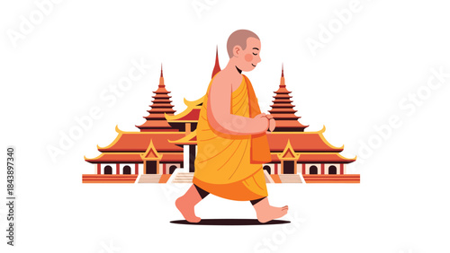 Modern flat vector illustration of a Buddhist monk practicing walking meditation, mindfulness in motion theme, ideal for spiritual wellness and meditation visuals