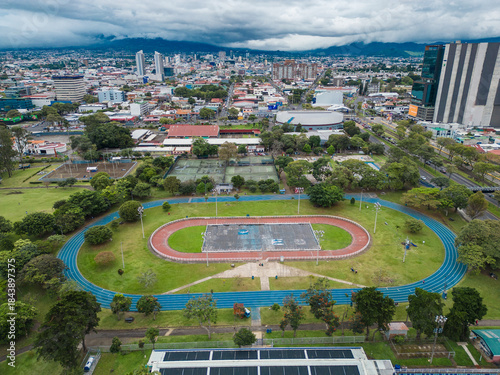 Aerial view of the La Sabana athletics track and field sports park located in the city of San Jose, Costa Rica.
