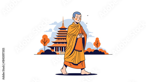 Modern flat vector illustration of a Buddhist monk practicing walking meditation, mindfulness in motion theme, ideal for spiritual wellness and meditation visuals