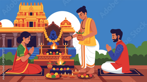 Flat vector illustration of people participating in a Hindu spiritual ceremony, sacred rituals and tradition theme, ideal for cultural and religious visuals