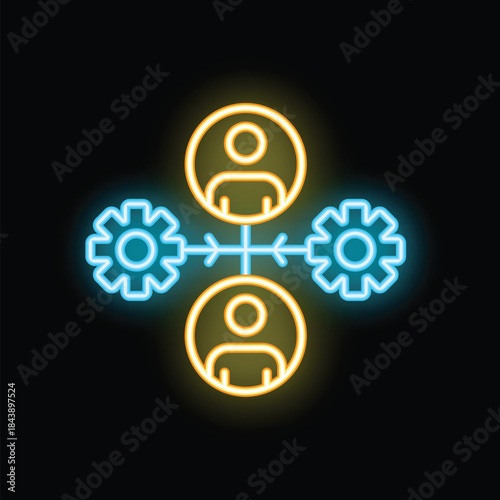 Neon style icon of a business network connecting people and gears symbolizing teamwork and collaboration