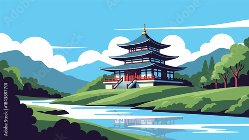 Modern flat vector illustration of a Buddhist temple in a peaceful landscape, spiritual travel and cultural heritage theme ideal for tourism and faith visuals