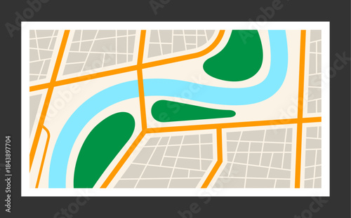 Flat Vector City Map Illustration with River, Parks, and Road Network.