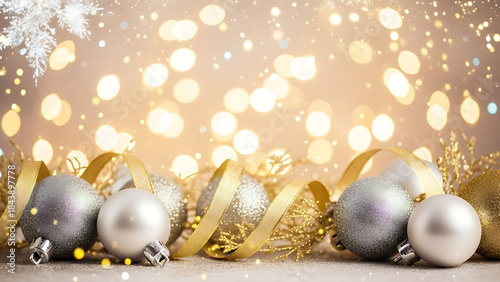 Festive Holiday Celebration with Silver Ornaments and Gold Ribbon on Glittering Background, Close-Up View, Indoor Seasonal Decor